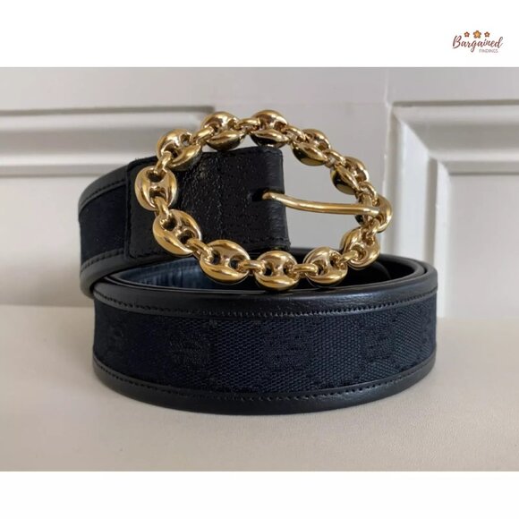 Authentic Gucci Black Monogram Canvas Leather Gold Chain Buckle Belt Size 95/38 main image 8